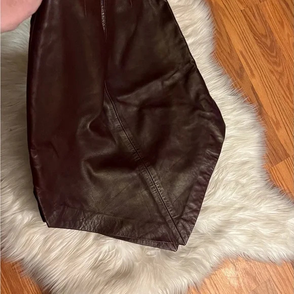 CACHE Oxblood Burgundy Leather Asymmetric Midi Slit Skirt 90s Deadstock - Picture 10 of 13